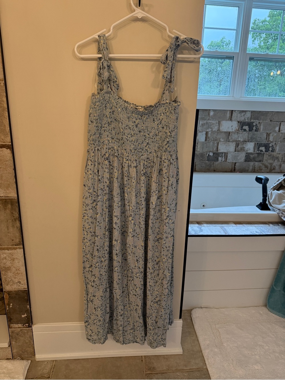 Women’s Maternity light Blue Floral Smocked Sundress with Tie Straps